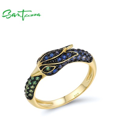 SANTUZZA 925 Sterling Silver Rings Sparkling Blue Green Phoenix Ring Animal Fine Jewelry - US 8