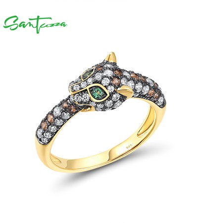 SANTUZZA 925 Sterling Silver Rings Nano Brown Spinel White CZ Leopard Ring Animal Jewelry - US 9