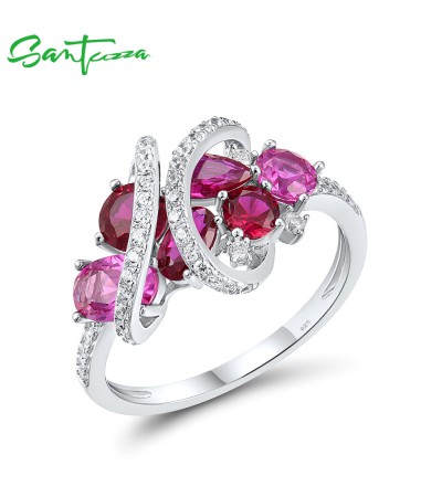 SANTUZZA 925 Sterling Silver Rings Created Pink Sapphire Ruby White CZ Fine Jewelry - US 9