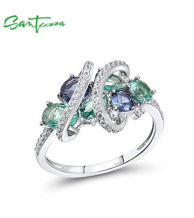 SANTUZZA 925 Sterling Silver Rings Green Blue Spinel White CZ Gemstone Fine Jewelry - US 7