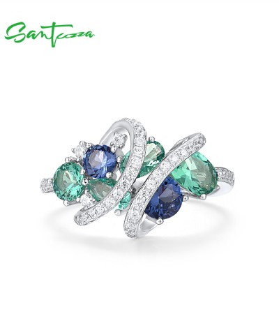 SANTUZZA 925 Sterling Silver Rings Green Blue Spinel White CZ Gemstone Fine Jewelry - US 6