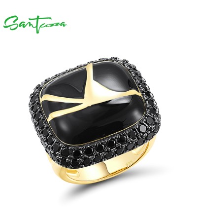 SANTUZZA 925 Sterling Silver Rings Gold Color Black Spinel Edgy Handmade Enamel Ring Jewelry - US 10