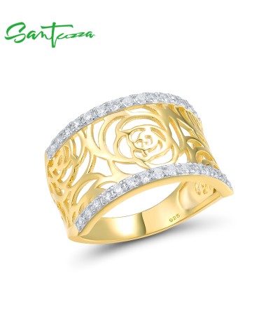 SANTUZZA 925 Sterling Silver Rings White Cubic Zirconia Rose Lace Flower Ring Jewelry - US 7