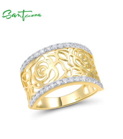 SANTUZZA 925 Sterling Silver Rings White Cubic Zirconia Rose Lace Flower Ring Jewelry - US 8