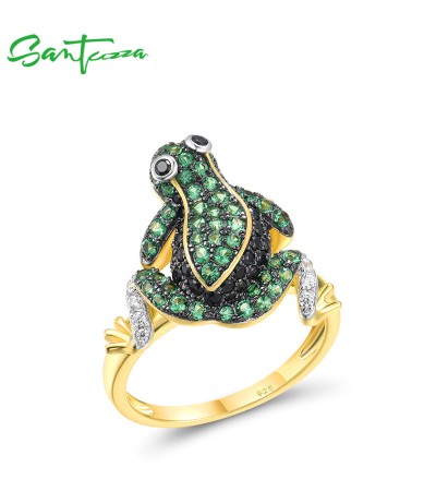 SANTUZZA 925 Sterling Silver Ring Green Black Spinel White CZ Frog Animal  Jewelry - US 8