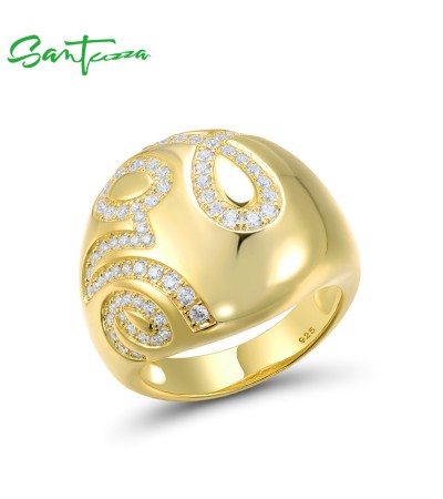 SANTUZZA 925 Sterling Silver Rings White Cubic Zirconia LOVE Ring Gold Color Jewelry - US 8