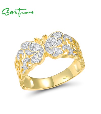 SANTUZZA 925 Sterling Silver Rings White Cubic Zirconia Butterfly Hollow Ring Fine Jewelry - US 8
