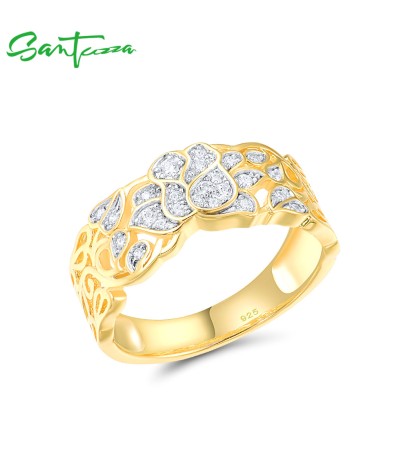 SANTUZZA 925 Sterling Silver Rings White Cubic Zirconia Hollow Lotus Flower Ring Fine Jewelry - US 7