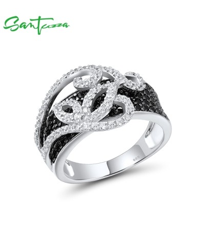 SANTUZZA 925 Sterling Silver Rings Black Spinel White Cubic Zirconia Jewelry - US 9