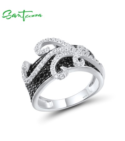 SANTUZZA 925 Sterling Silver Rings Black Spinel White Cubic Zirconia Jewelry - US 6