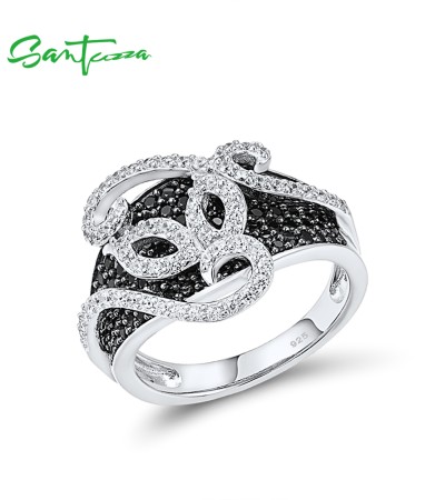 SANTUZZA 925 Sterling Silver Rings Black Spinel White Cubic Zirconia Jewelry - US 9