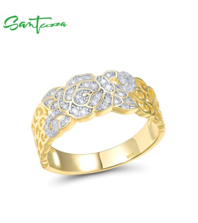 SANTUZZA 925 Sterling Silver Rings White Cubic Zirconia Lace Flower Ring Fine Jewelry - US 6