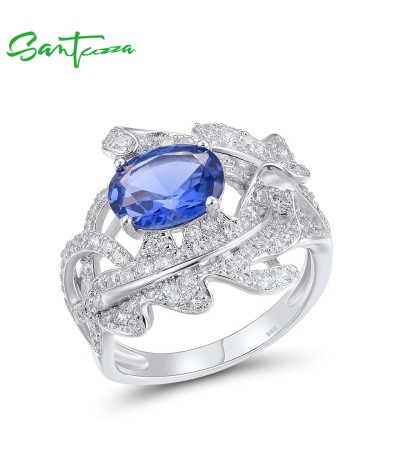 SANTUZZA 925 Sterling Silver Rings Blue Spinel White CZ Leaf Shaped Fine Jewelry - US 6