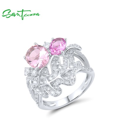 SANTUZZA 925 Sterling Silver Rings Created Pink Sapphire White CZ Leaf Ring Fine Jewelry - US 9