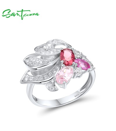 SANTUZZA 925 Sterling Silver Rings Red Pink Stones White CZ Cluster Ring Fine Jewelry - US 6