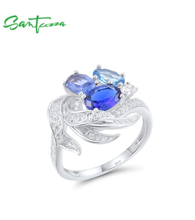 SANTUZZA 925 Sterling Silver Rings Blue Spinel White Cubic Zircon Cluster Ring Fine Jewelry - US 6