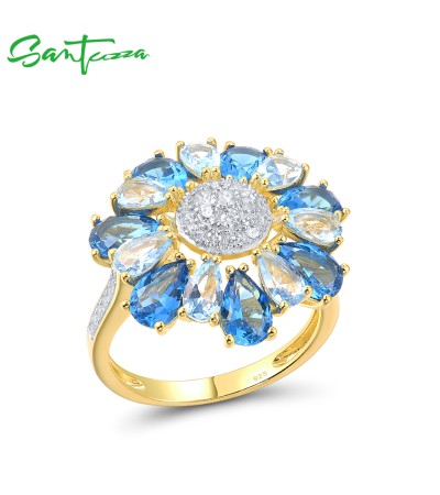 SANTUZZA Silver Ring 925 Sterling Silver White Cubic Zirconia Blue Spinel Gold Color Flower Jewelry - US 7