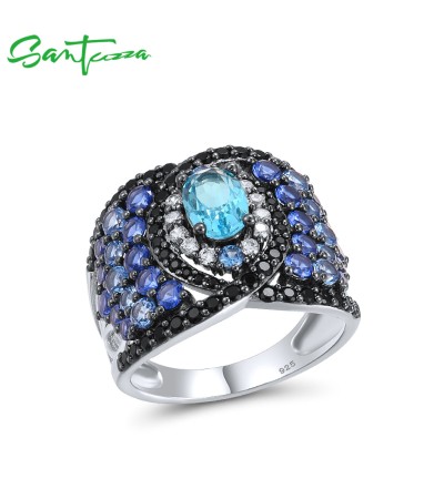 SANTUZZA 925 Sterling Silver Solitaire Ring Blue And Black Spinel White CZ Fine Jewelry - US 10
