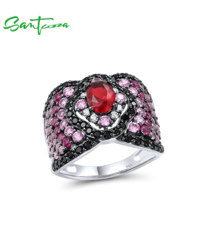 SANTUZZA 925 Sterling Silver Solitaire Ring Created Pink Sapphire Ruby White CZ Fine Jewelry - US 8