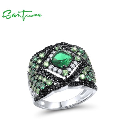 SANTUZZA 925 Sterling Silver Solitaire Ring Green And Black Spinel White CZ Fine Jewelry - US 8