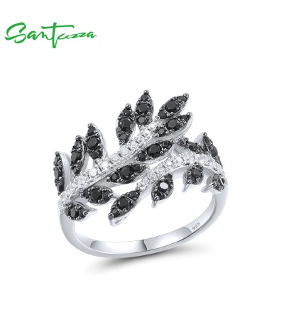 SANTUZZA 925 Sterling Silver Rings Black Spinel White Cubic Zirconia Plant Fine Jewelry - US 7