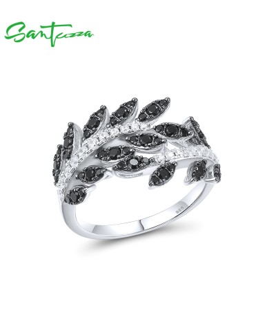 SANTUZZA 925 Sterling Silver Rings Black Spinel Leaf White Cubic Zirconia Plant Fine Jewelry - US 8