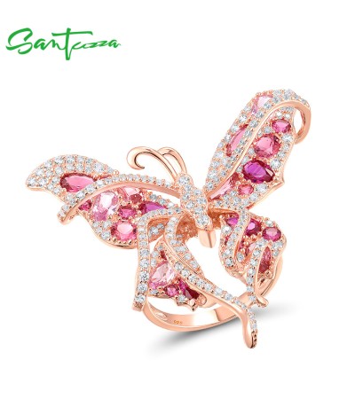 SANTUZZA 925 Sterling Silver Rings Pink Gems Butterfly Ring Rose Gold Plated Fine Jewelry - US 7
