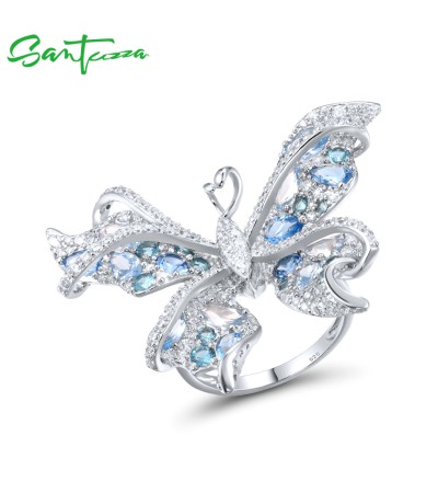 SANTUZZA 925 Sterling Silver Rings Blue Spinel White CZ Butterfly Ring Fine Jewelry - US 6