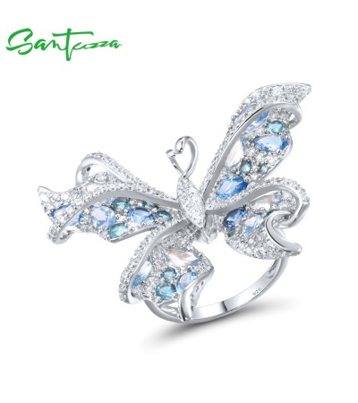 SANTUZZA 925 Sterling Silver Rings Blue Spinel White CZ Butterfly Ring Fine Jewelry - US 9