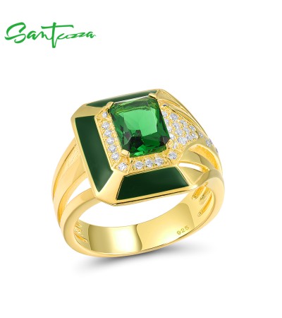 SANTUZZA 925 Sterling Silver Enamel Rings Green Stones White CZ Solitaire Ring Fine Jewelry - US 9