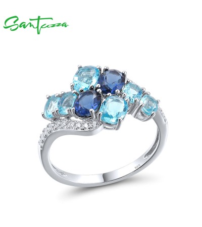 SANTUZZA 925 Sterling Silver Rings Oval Blue Gemstone Round White CZ Cluster Fine Jewelry - US 6
