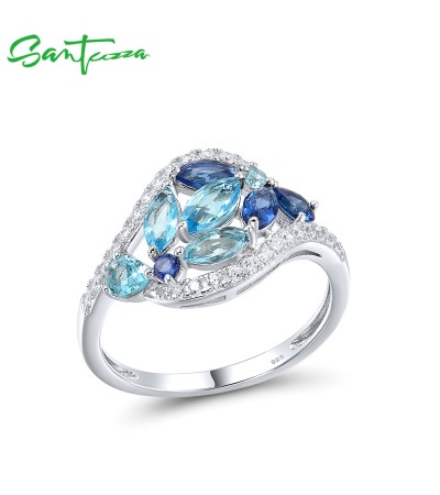 SANTUZZA 925 Sterling Silver Rings Marquise Colorful Blue Spinel White CZ Fine Jewelry - US 9