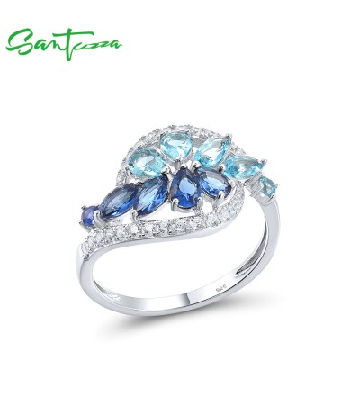 SANTUZZA 925 Sterling Silver Rings Marquise Blue Spinel White CZ Original anillos Fine Jewelry - US 6
