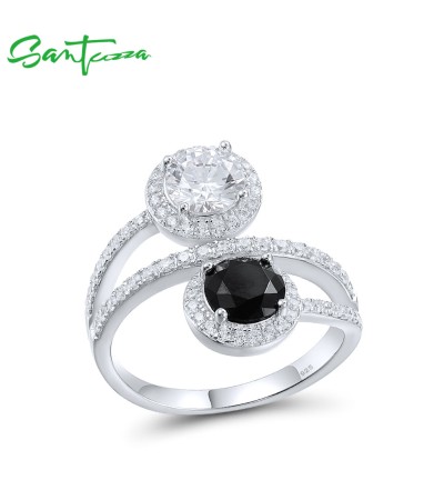 SANTUZZA 925 Sterling Silver Rings Black Spinel White CZ Fine Jewelry - US 6