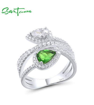 SANTUZZA 925 Sterling Silver Rings Green White CZ Fine Jewelry - US 9