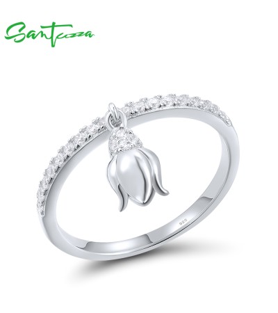 SANTUZZA 925 Sterling Silver Rings White CZ Danling Tulip Flower Fine Jewelry - US 9