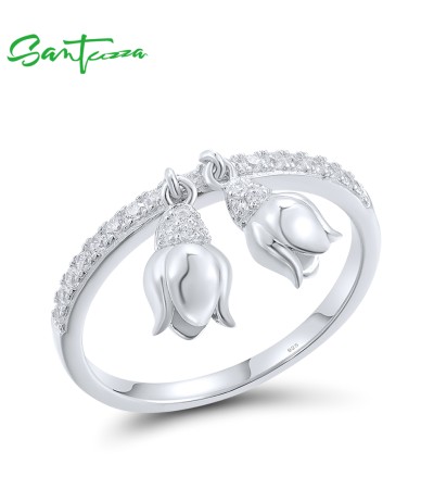 SANTUZZA 925 Sterling Silver Rings White CZ Danling Tulip Flower Fine Jewelry - US 7