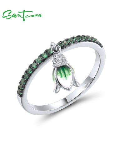 SANTUZZA 925 Sterling Silver Rings Sparkling Green Spinel Danling Tulip Flower Jewelry Enamel - US 8