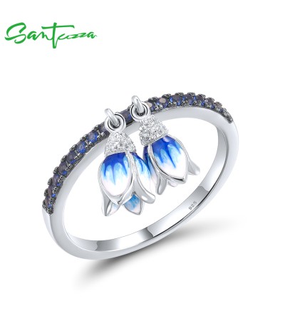 SANTUZZA 925 Sterling Silver Rings Blue Sone Danling Tulip Flower Fine Jewelry Enamel - US 6
