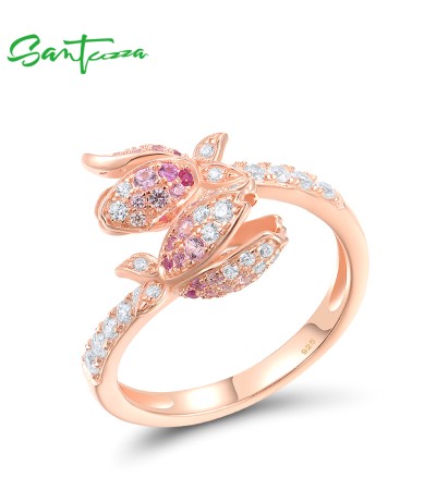 SANTUZZA 925 Sterling Silver Rings White CZ Created Ruby Pink Sapphire Flower Jewelry - Pink and Red Stones/US 9