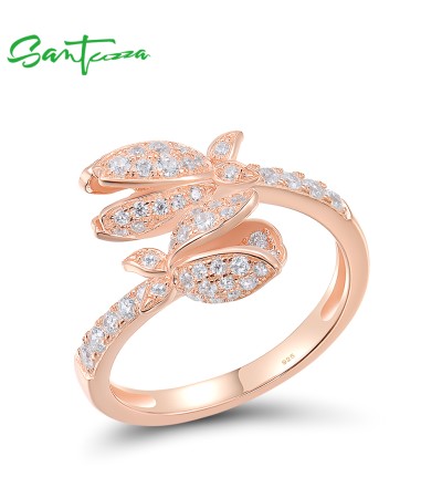 SANTUZZA 925 Sterling Silver Rings White CZ Created Ruby Pink Sapphire Flower Jewelry - White Stones/US 6