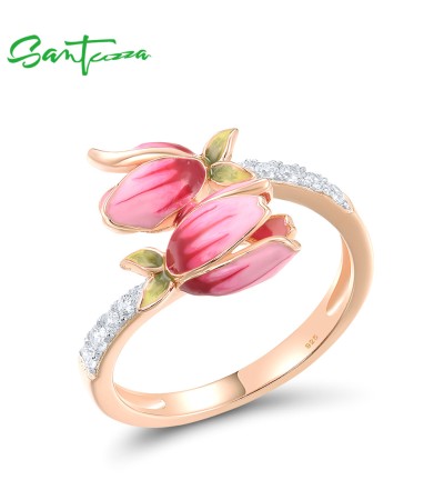 SANTUZZA 925 Sterling Silver Rings White Cubic Zirconia Enamel Tulip Flower Jewelry - US 8