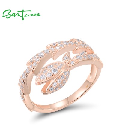 SANTUZZA 925 Sterling Silver Rings White CZ Rose Gold Plated Flower Fine Jewelry - US 8