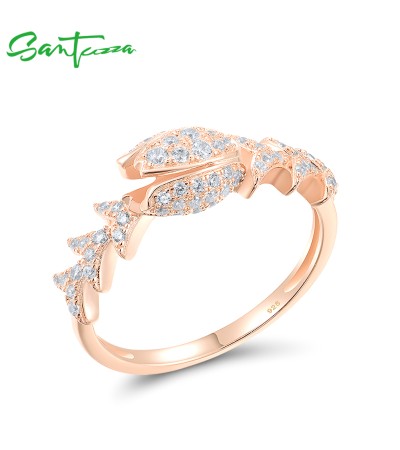 SANTUZZA 925 Sterling Silver Rings White CZ Rose Gold Plated Flower Fine Jewelry - US 7