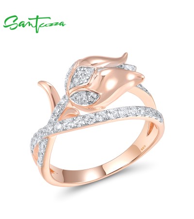 SANTUZZA 925 Sterling Silver Rings White CZ Rose Gold Plated Flower Fine Jewelry - US 8