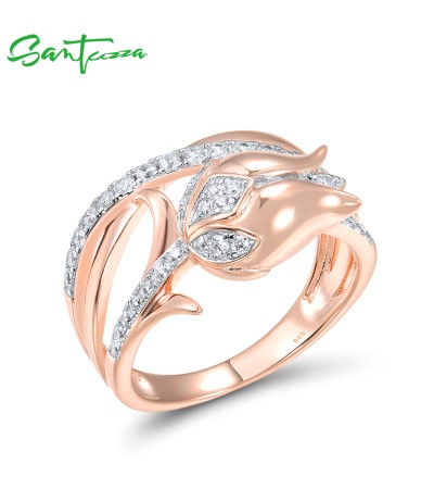 SANTUZZA 925 Sterling Silver Rings White CZ Pink Tulip Flower Fine Jewelry - US 9