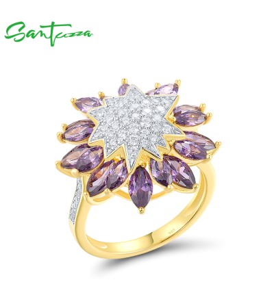 SANTUZZA 925 Sterling Silver Ring Purple Sunflower White Cubic Zirconia Jewelry - US 8