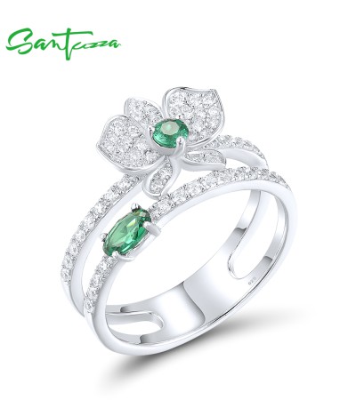 SANTUZZA 925 Sterling Silver Rings Sparkling White CZ Green Spinel Orchid Flower Jewelry - US 6