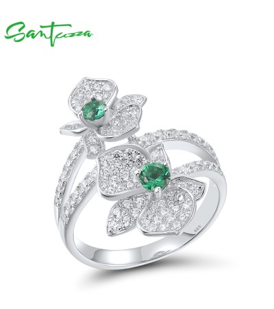 SANTUZZA 925 Sterling Silver Rings White CZ Green Spinel Orchid Flower Fine Jewelry - US 6