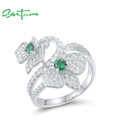 SANTUZZA 925 Sterling Silver Rings White CZ Green Spinel Flower Fine Jewelry - US 8
